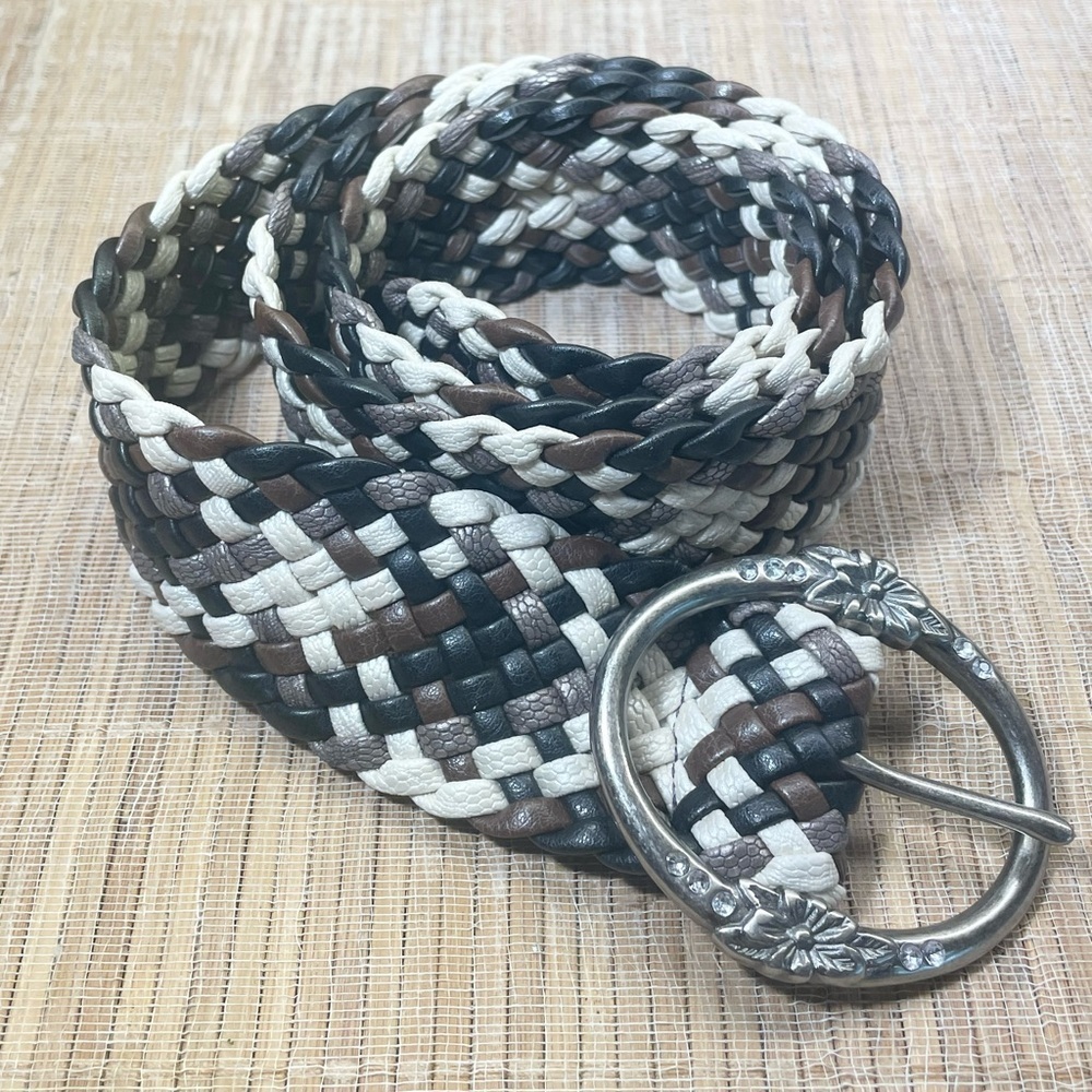 Boho Woven Leather Macrame Belt with Floral Silver Buckle.  Waist size 30”-36”